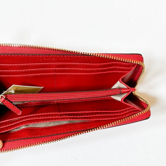 Michael Kors Jet Set Travel Large Three Quarter Zip Leather Wallet Red Chili - Picture 9 of 12